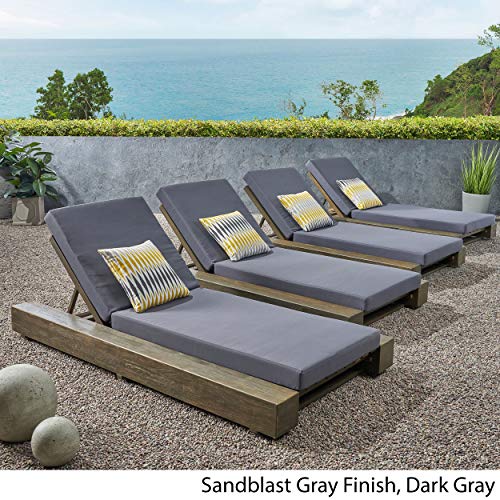 Great Deal Furniture Outdoor Acacia Wood Chaise Lounge Cushion Set of 4 Sandblast Gray Finish, Dark Gray