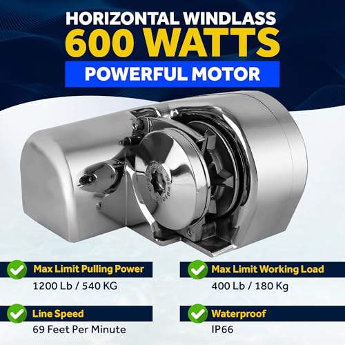 Five Oceans Horizontal Windlass Kit 600W 12V DC with Rope & Chain Silver