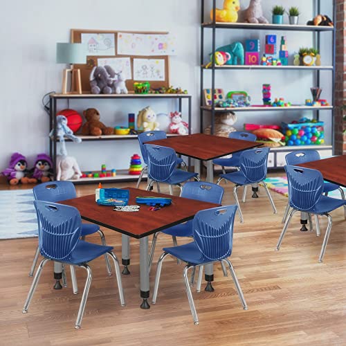 Romig Adjustable Classroom Table Cherry with 4 Navy Blue Stack Chairs