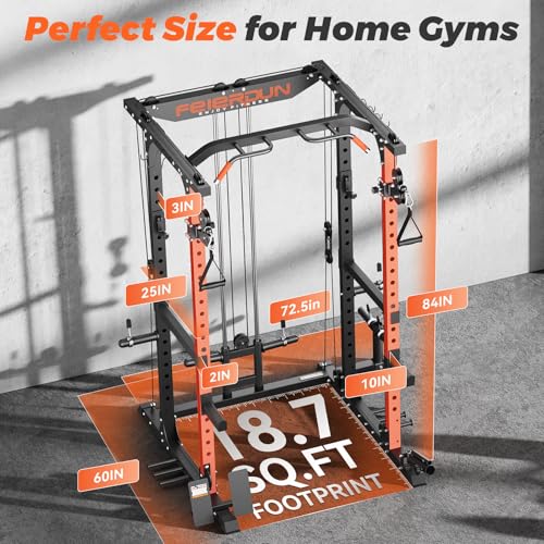 FEIERDUN Multi-Function Squat Rack Power Cage with Cable Crossover, 2000LBS Capacity, Orange/Black