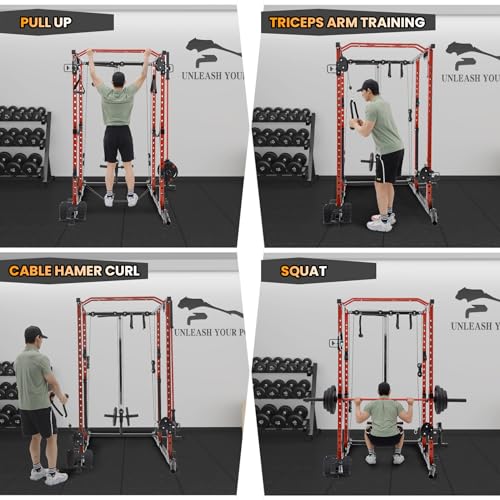 Flarhetoric Power Cage 2000 Lbs Home Gym Squat Rack with Cable Cross-Over & LAT Pull Down Black and Red