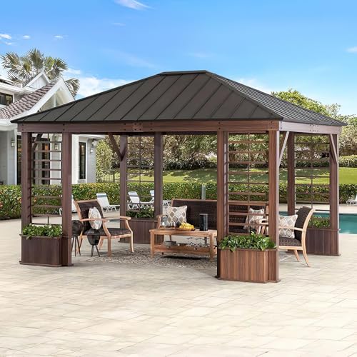 Sunjoy Hardtop Gazebo Aluminum Frame with Planters 13 ft. x 15 ft. Brown
