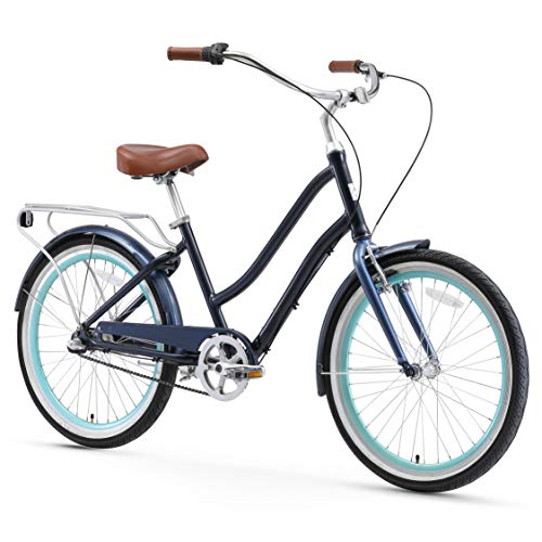 sixthreezero EVRYjourney Women's 7-Speed Step-Through Hybrid Cruiser Bicycle Navy w/Brown Seat/Grips
