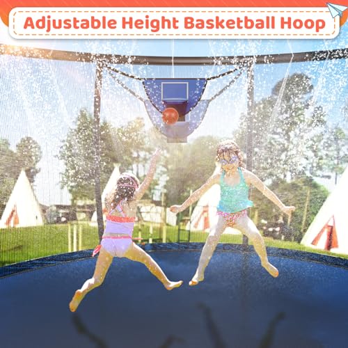 Zevemomo 14FT Outdoor Trampoline with Sprinkler, Basketball Hoop & Wind Stakes Orange