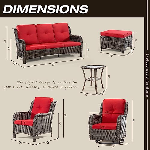 MeetLeisure 8-Piece Wicker Patio Furniture Set with Sofa, Swivel Rocking Chairs, Ottomans, and Side Table Red