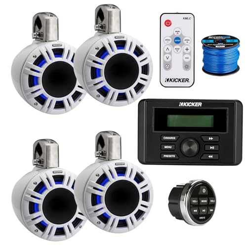 KICKER All-Weather Marine Bluetooth AM/FM Receiver with Remote & 4x 6.5" LED Tower Speakers White