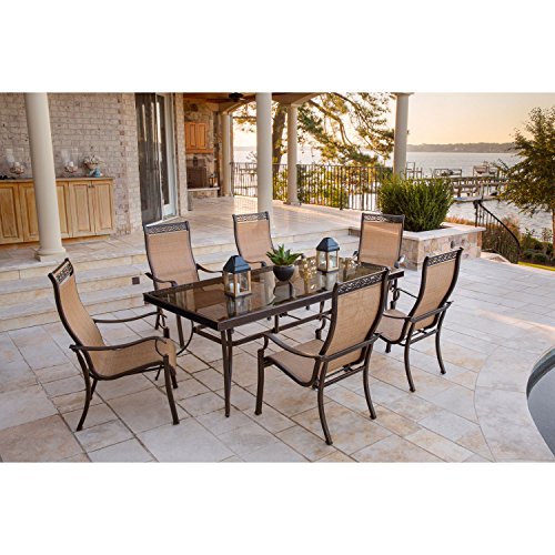 Hanover Monaco 7-Piece Outdoor Dining Set with Glass-Top Table and PVC Sling Chairs Tan
