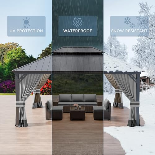 Kurapika 12' x 16' Hardtop Gazebo Outdoor Metal Pavilion with Canopy and Netting Gray