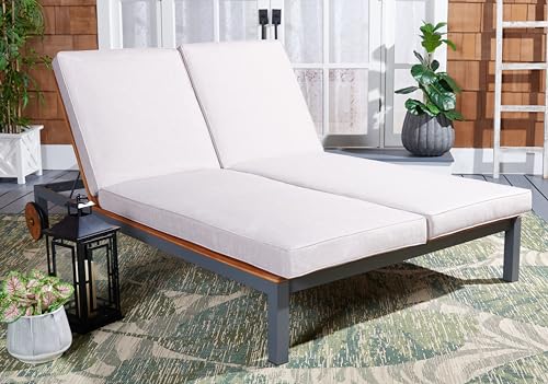 Safavieh Outdoor Collection Jackman Double Lounge Chair with Pull-Out Side Table Grey/Light Grey