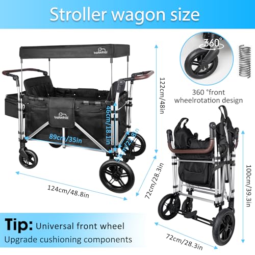 Badovinci Folding Stroller Wagon for 4 Kids with 5-Point Harness and Adjustable Canopy Black