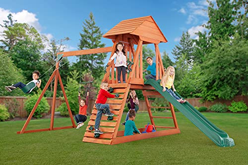 CREATIVE CEDAR DESIGNS Cedar Chalet Wooden Backyard Playset with Swings & Slide
