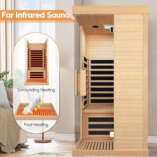HAOYAYA Indoor Far Infrared Sauna Canadian Hemlock Single Person Spa with Oxygen Bar, 7 Color Therapy, 1420W Low-EMF