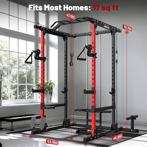 ARMAC 1500lbs Multi-Function Power Rack with Adjustable Cable Crossover Black+Red 01