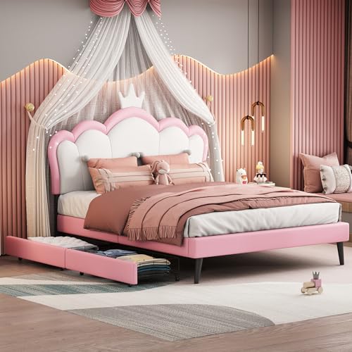 Brisca PU Upholstered Princess Bed with Crown Headboard and Storage, White+Pink