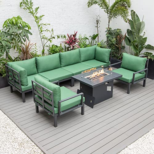 LeisureMod Hamilton 7-Piece Modular Outdoor Sectional Set with Fire Pit Table Green