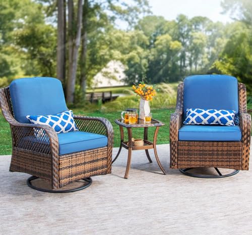 PHI VILLA Oversized Outdoor Swivel Rocker Chairs Set 3 Piece Navy Blue