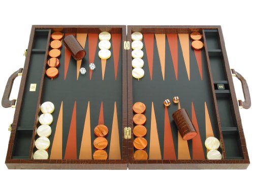 Zaza & Sacci Leather Backgammon Board Set 23" Large Attache Case Croco Brown