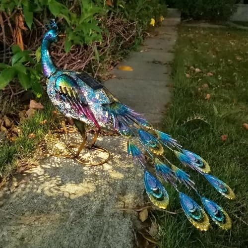GeRRiT Metal Peacock Statue with Solar LED Lights 23.03x6.10x15.55inch