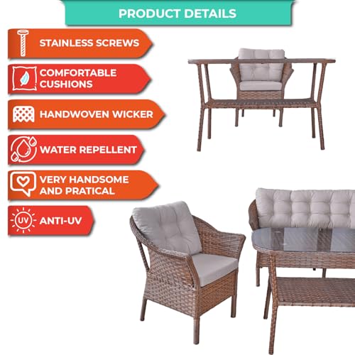 Angora Dinamic Rattan Outdoor Furniture Set – Stylish Garden Patio Set with Table, Double Chair, 2 Single Armchairs, Brown