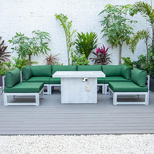 LeisureMod Chelsea 7-Piece Outdoor Patio Conversation Set with Fire Pit Table and Cushions Green