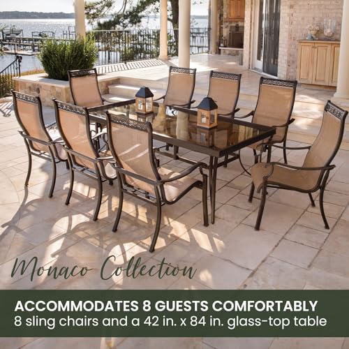 Hanover Monaco 9-Piece Outdoor Dining Set with Glass Table and 8 Chairs Tan