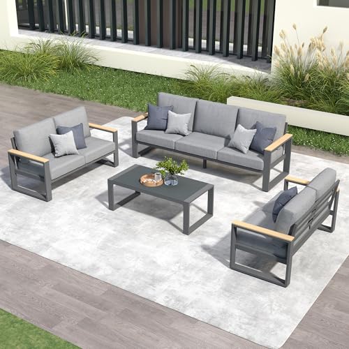 RoyalCraft Aluminum Outdoor Patio Furniture Set with Height-Adjustable Footrest, 7-Seats, Coffee Table, Modern Conversation Set Grey