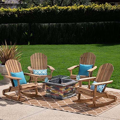 Great Deal Furniture Outdoor 5 Piece Acacia Wood Adirondack Rocking Chair Set with Fire Pit Natural Stone + Natural