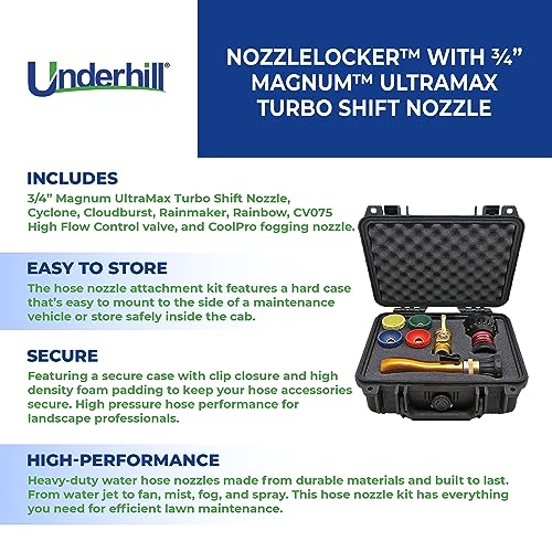 Underhill NozzleLocker Garden Water Hose Nozzle Kit with ¾ Inch Magnum UltraMax Turbo Shift Nozzle Black