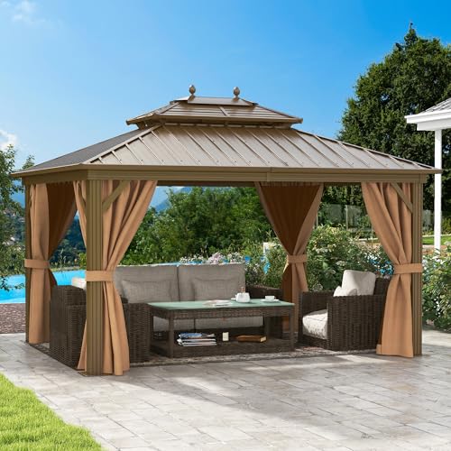 DWVO 10x12ft Hardtop Gazebo with Nettings and Curtains Bronze