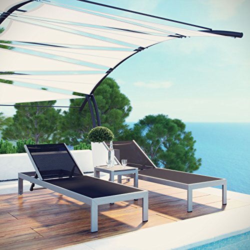 Modway Shore Aluminum Textilene Mesh Outdoor Patio Chaise Lounge Chair and Side Table Set Black