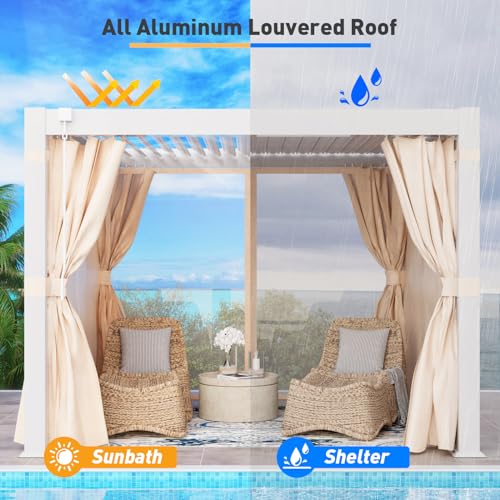 COSIEST 10'×10' Louvered Aluminum Pergola with Adjustable Roof, Netting & Curtains White