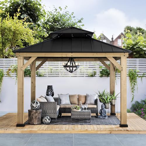 Sunjoy 11x11 ft. Wood Gazebo with Black Steel Hardtop Roof and Natural Wood Frame