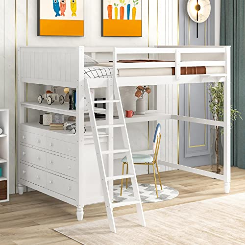 Harper & Bright Designs Full Size Loft Bed with Desk and Storage Drawers White