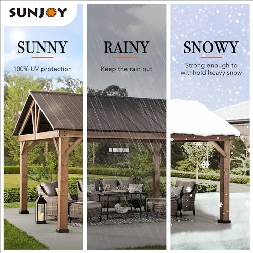 Sunjoy Wood Gazebo 13x15 ft Premium Cedar Frame with Brown Steel Hardtop Roof Brown + Natural Wood