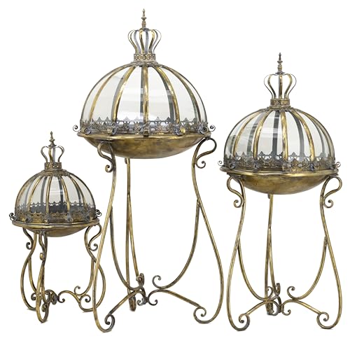 Zaer Ltd. Set of 3 Glass Dome Terrariums with Iron Stands Frosted Gold