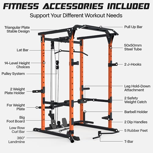 Mappding Power Cage with LAT Pulldown, Squat Rack, 1500 Lbs Capacity, Orange