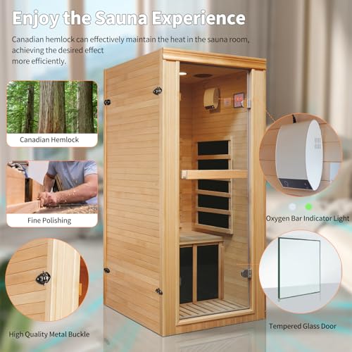 HOSAUNA 1 Person Infrared Sauna Hemlock Wood with LCD Control 980W Indoor