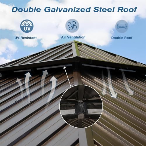 LOPOO Hardtop Gazebo Premium Aluminum Frame with Double Roof Canopy and Curtains Brown