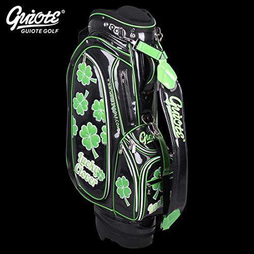 Guiote Golf Stand Bag Pu Leather Golf Carry Bag Embroidery Series 8-Ways 9.0" Black Lucky Clover