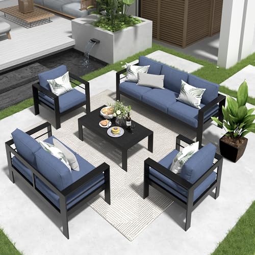 Solaste Aluminum Patio Furniture Set 7 Seats Modern Outdoor Sectional Sofa with Coffee Table Blue Cushion