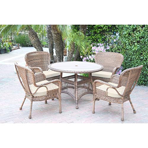 Jeco Windsor Honey Wicker Dining Set with Faux Wood Top and Cushion Turquoise