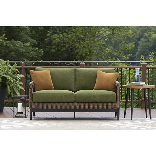 Signature Design by Ashley Horizon Hall Vintage Outdoor Loveseat with Cushion and Pillows Green & Dark Brown