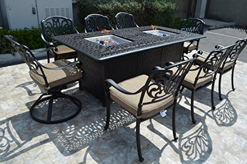 theWorldofpatio Elizabeth 9pc Cast Aluminum Dining Set with Propane Fire Pit Table Antique Bronze