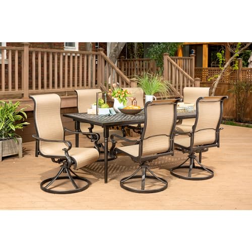 Hanover Brigantine 7-Piece Modern Outdoor Dining Set with 6 Sling Swivel Rocker Chairs and Expandable Cast-Top Table Tan