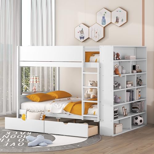 Jintop Twin Over Twin Bunk Bed with Storage Drawers and Cabinet White