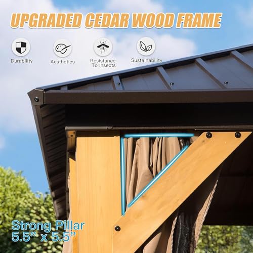 LOPOO Cedar Wood Gazebo with Hardtop, Netting & Curtains Brown