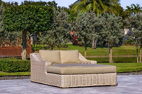 OUTSY Extra Large Double Sun Lounger Wicker Aluminum Frame White/Grey 79x59 Inch
