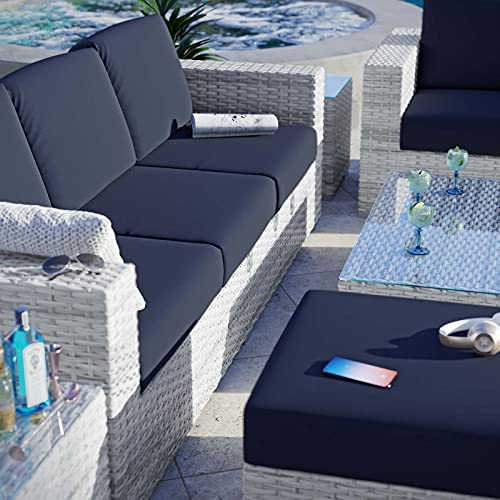 America Luxury - Outdoor Lounge Sectional Sofa Chair Set, Rattan Wicker, Modern, Blue