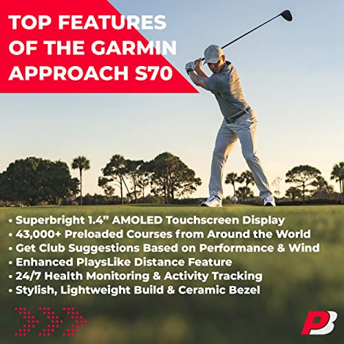 PlayBetter Garmin Approach S70 (Black, 47mm) Golf GPS Watch - AMOLED Display, Virtual Caddie & Playslike Distance - Gift Box Bundle with Screen Protectors, Wall Adapter & Hard Case