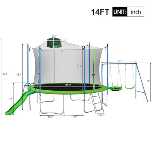 Roinoim 14FT Outdoor Trampoline with Swing, Slide, Basketball Hoop, Safety Enclosure, Ladder Green